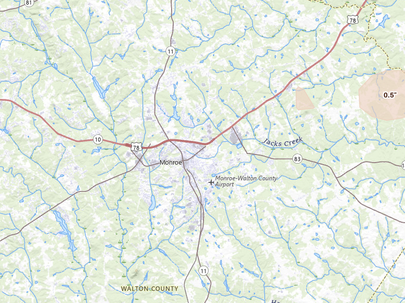 Radar-estimated hail-size map of the storm over Monroe, GA on Jul 10, 2026