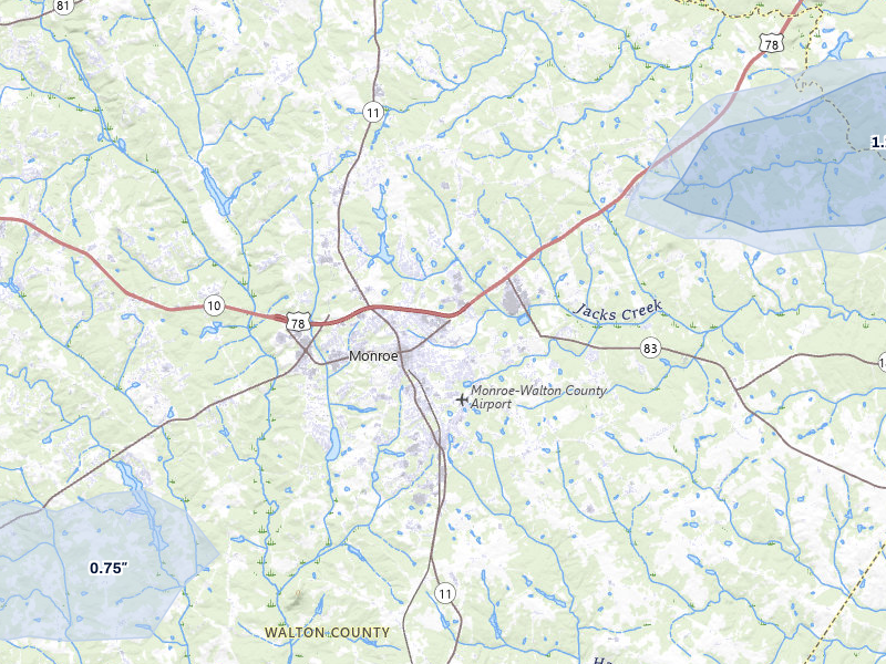 NEXRAD radar-signature map of the hail storm over Monroe, GA on Jul 10, 2026