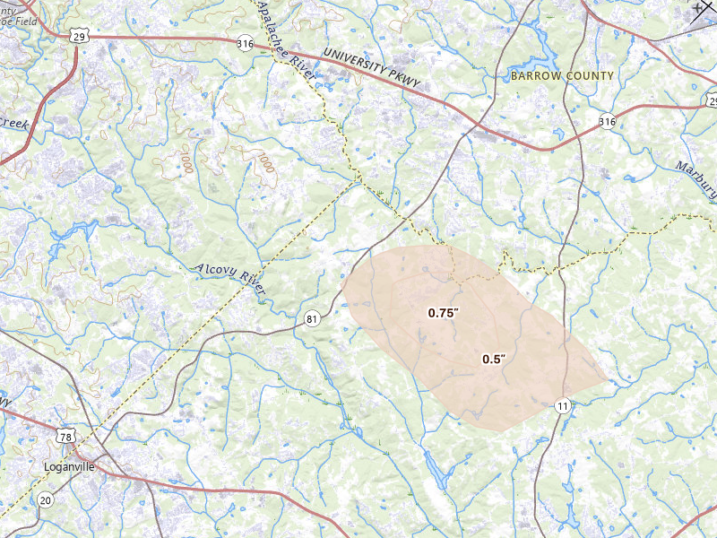 Radar-estimated hail-size map of the storm over Monroe, GA on Aug 10, 2026