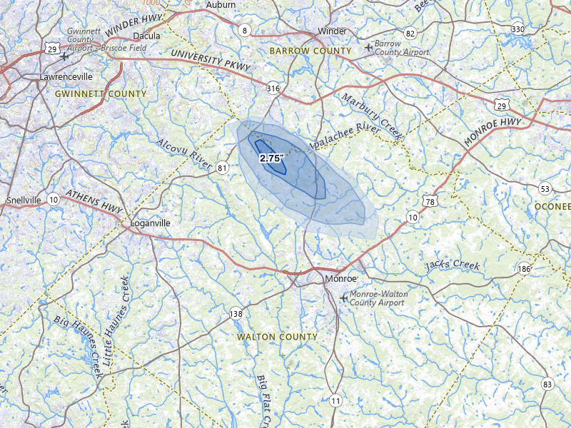 NEXRAD radar-signature map of the hail storm over Monroe, GA on Aug 10, 2026