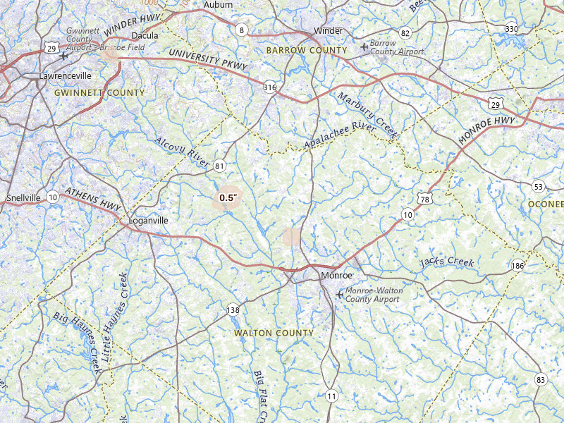 Radar-estimated hail-size map of the storm over Monroe, GA on Aug 17, 2026