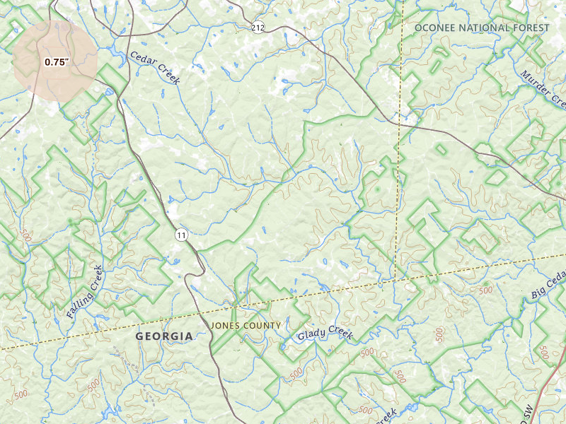 Radar-estimated hail-size map of the storm over Monticello, GA on Apr 1, 2026