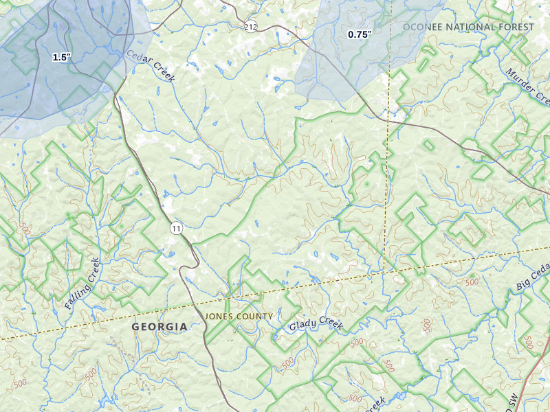 NEXRAD radar-signature map of the hail storm over Monticello, GA on Apr 1, 2026
