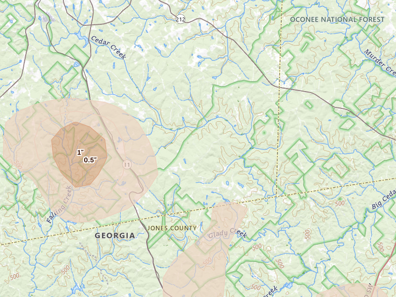 Radar-estimated hail-size map of the storm over Monticello, GA on May 17, 2026