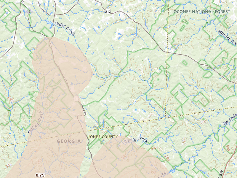 Radar-estimated hail-size map of the storm over Monticello, GA on Jul 9, 2026