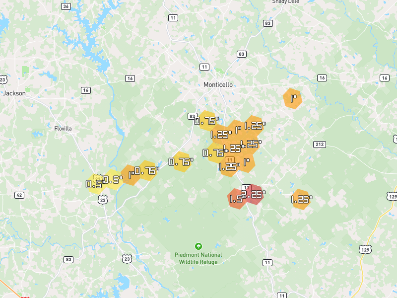 Hail map of Monticello, GA on Jul 9, 2026, hail up to 2.25"