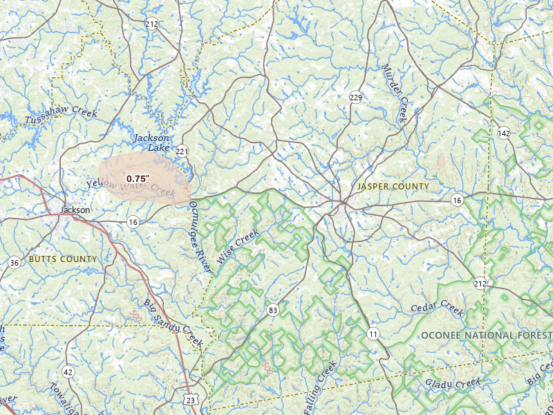 Radar-estimated hail-size map of the storm over Monticello, GA on Jul 12, 2026