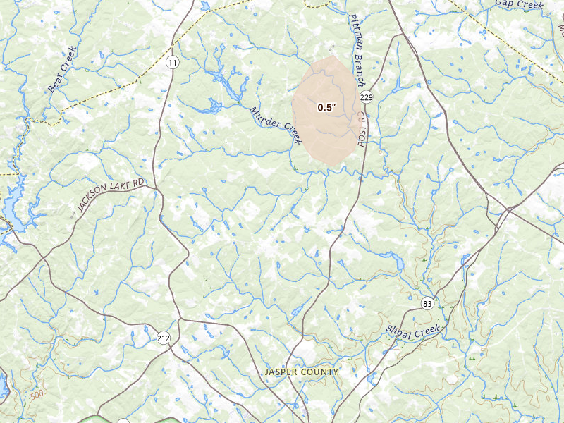 Radar-estimated hail-size map of the storm over Monticello, GA on Aug 4, 2026