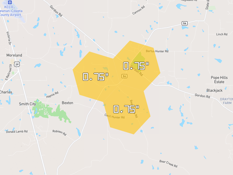 Hail map of Moreland, GA on Jul 3, 2026, hail up to 0.75"
