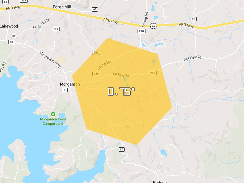 Hail map of Morganton, GA on Jun 27, 2026, hail up to 0.75"