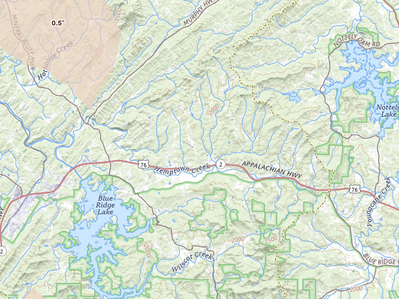 Radar-estimated hail-size map of the storm over Morganton, GA on Jul 28, 2026