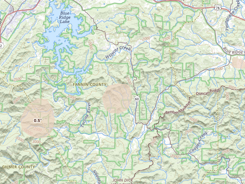 Radar-estimated hail-size map of the storm over Morganton, GA on Aug 4, 2026