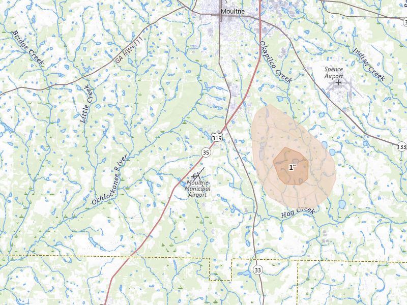 Radar-estimated hail-size map of the storm over Moultrie, GA on Apr 3, 2026