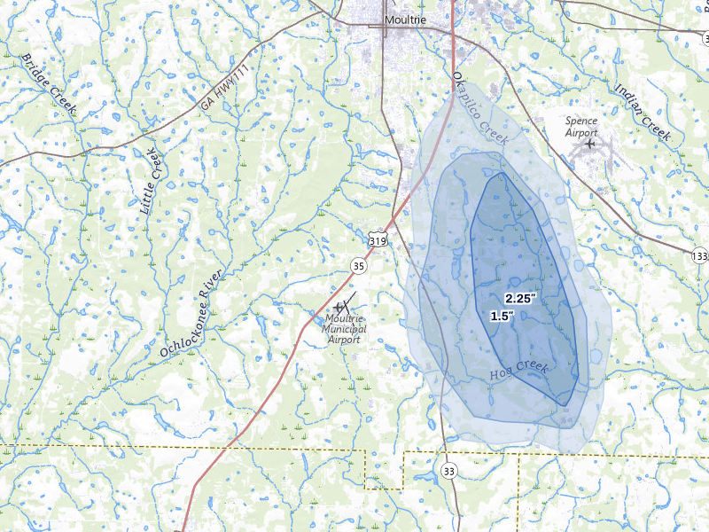 NEXRAD radar-signature map of the hail over Moultrie, GA