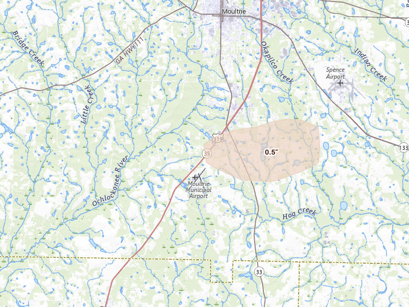 Radar-estimated hail-size map of the storm over Moultrie, GA