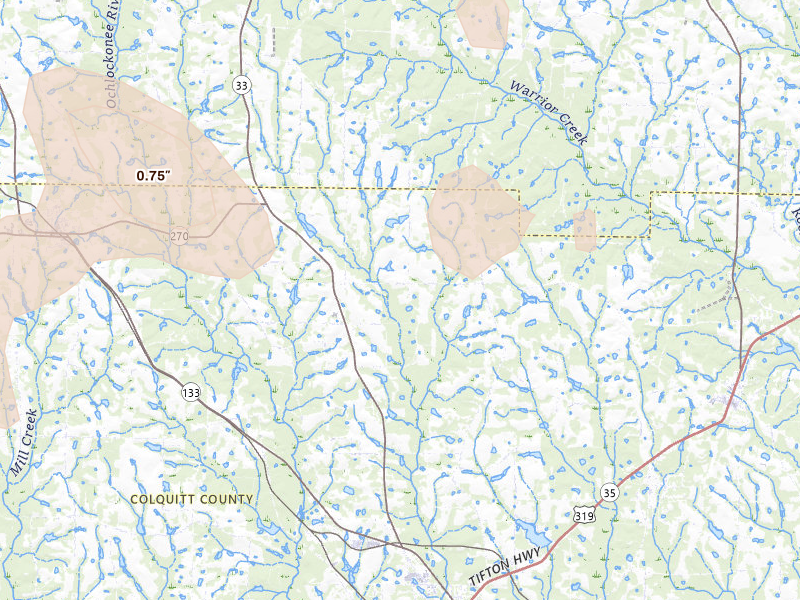 Radar-estimated hail-size map of the storm over Moultrie, GA on Jul 29, 2026
