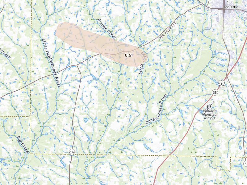 Radar-estimated hail-size map of the storm over Moultrie, GA on Aug 12, 2026