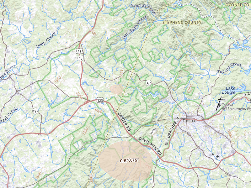 Radar-estimated hail-size map of the storm over Mount Airy, GA on Jul 16, 2026
