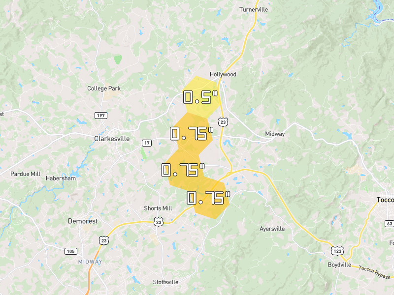 Hail map of Mount Airy, GA on Jul 29, 2026, hail up to 0.75"