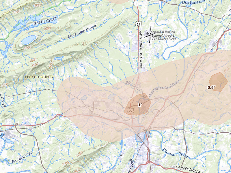 Radar-estimated hail-size map of the storm over Mount Berry, GA on Jul 3, 2026