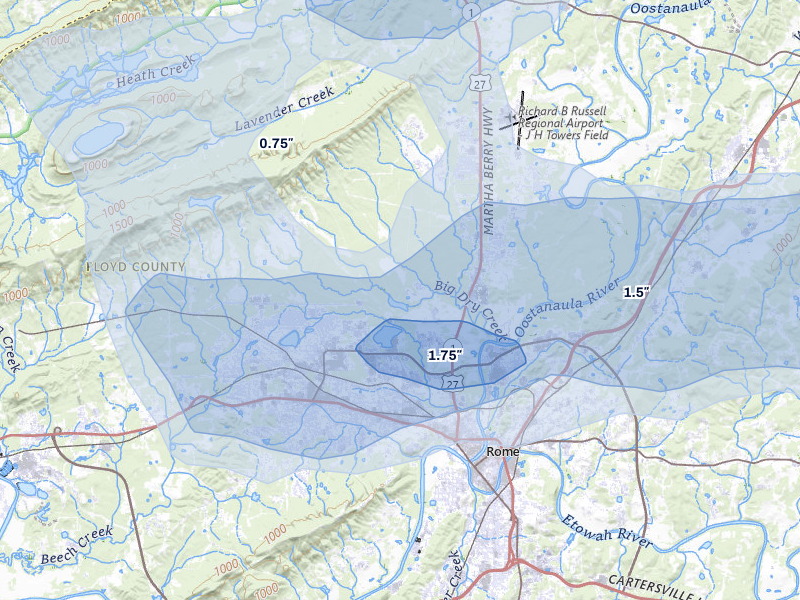 NEXRAD radar-signature map of the hail storm over Mount Berry, GA on Jul 3, 2026