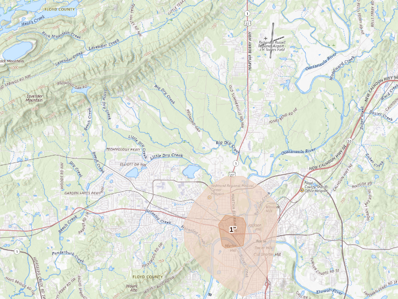 Radar-estimated hail-size map of the storm over Mount Berry, GA