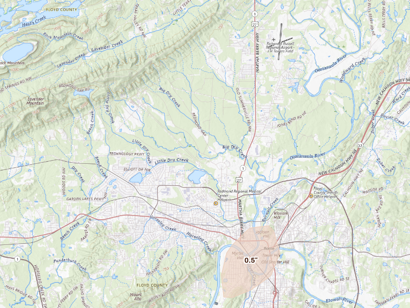 Radar-estimated hail-size map of the storm over Mount Berry, GA