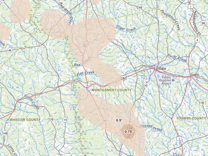 Radar-estimated hail-size map of the storm over Mount Vernon, GA on May 17, 2026