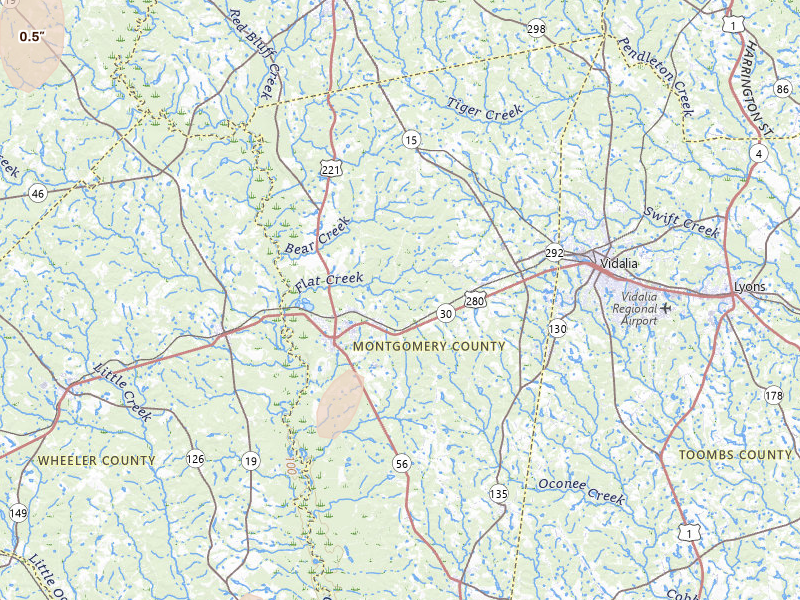 Radar-estimated hail-size map of the storm over Mount Vernon, GA on May 23, 2026