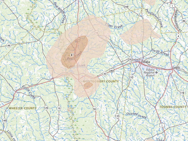 Radar-estimated hail-size map of the storm over Mount Vernon, GA on Jul 17, 2026