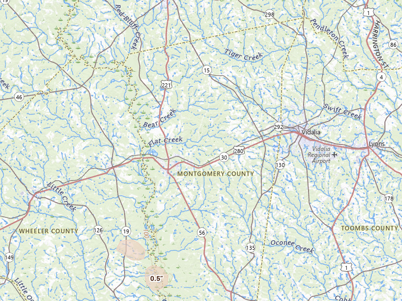 Radar-estimated hail-size map of the storm over Mount Vernon, GA on Jul 27, 2026