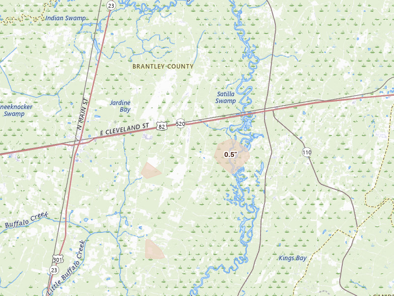Radar-estimated hail-size map of the storm over Nahunta, GA on Jun 14, 2026