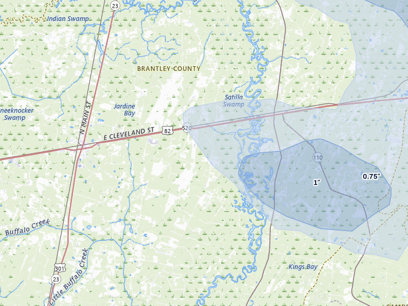 NEXRAD radar-signature map of the hail storm over Nahunta, GA on Jul 29, 2026