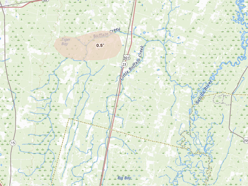 Radar-estimated hail-size map of the storm over Nahunta, GA on Aug 10, 2026