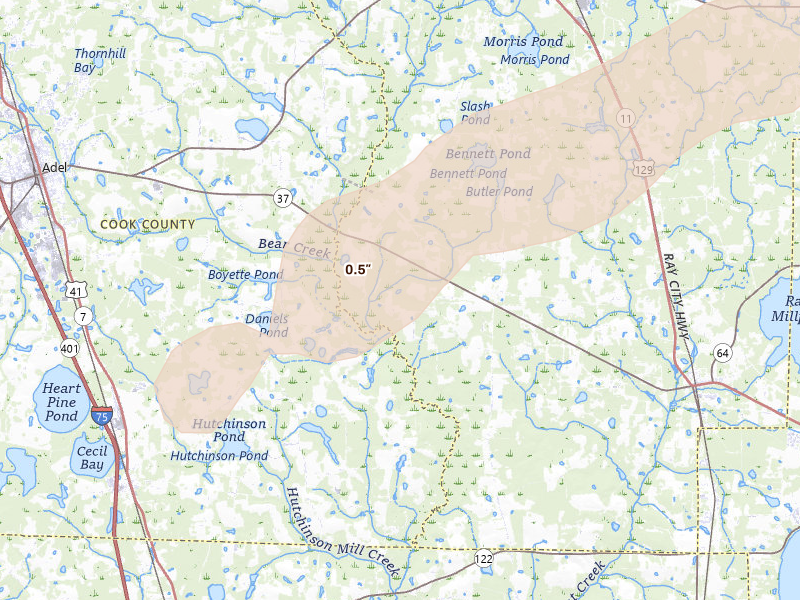 Radar-estimated hail-size map of the storm over Nashville, GA on Mar 15, 2026