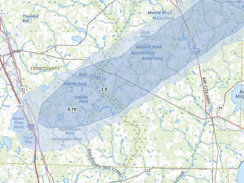 NEXRAD radar-signature map of the hail over Nashville, GA