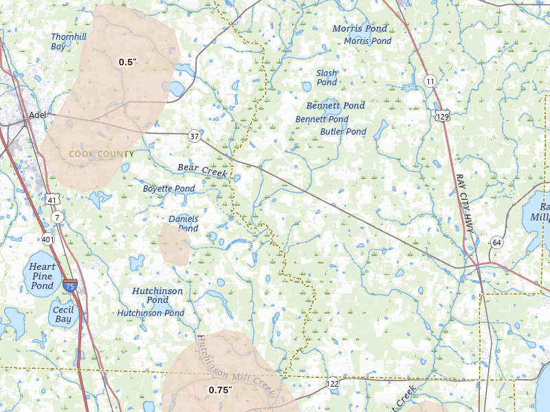 Radar-estimated hail-size map of the storm over Nashville, GA on May 17, 2026