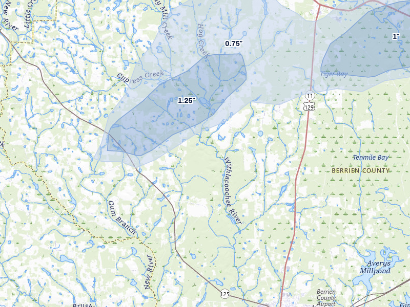NEXRAD radar-signature map of the hail storm over Nashville, GA on Jul 6, 2026