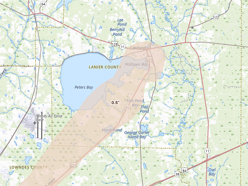 Radar-estimated hail-size map of the storm over Naylor, GA on Mar 15, 2026