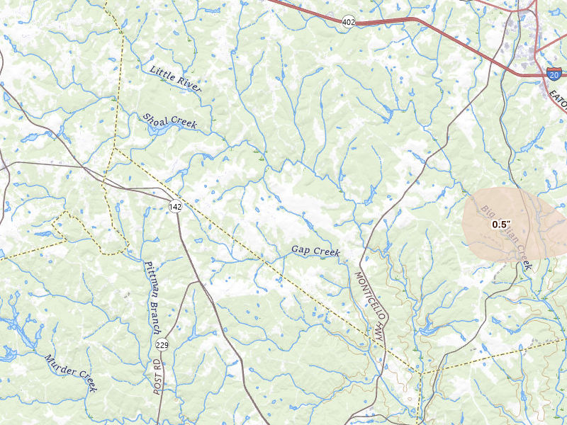 Radar-estimated hail-size map of the storm over Newborn, GA on Jul 10, 2026