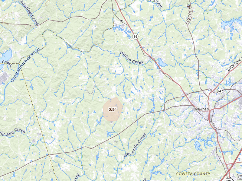 Radar-estimated hail-size map of the storm over Newnan, GA on Jun 14, 2026