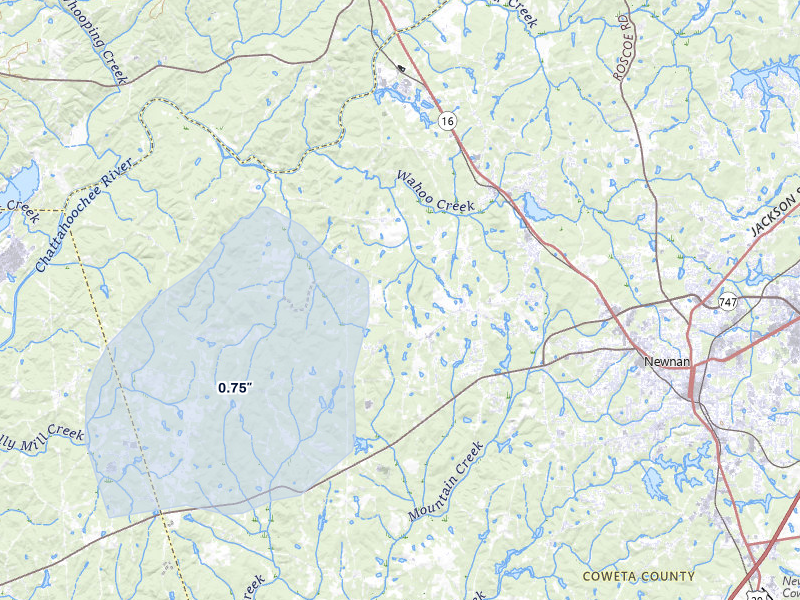 NEXRAD radar-signature map of the hail storm over Newnan, GA on Jul 1, 2026