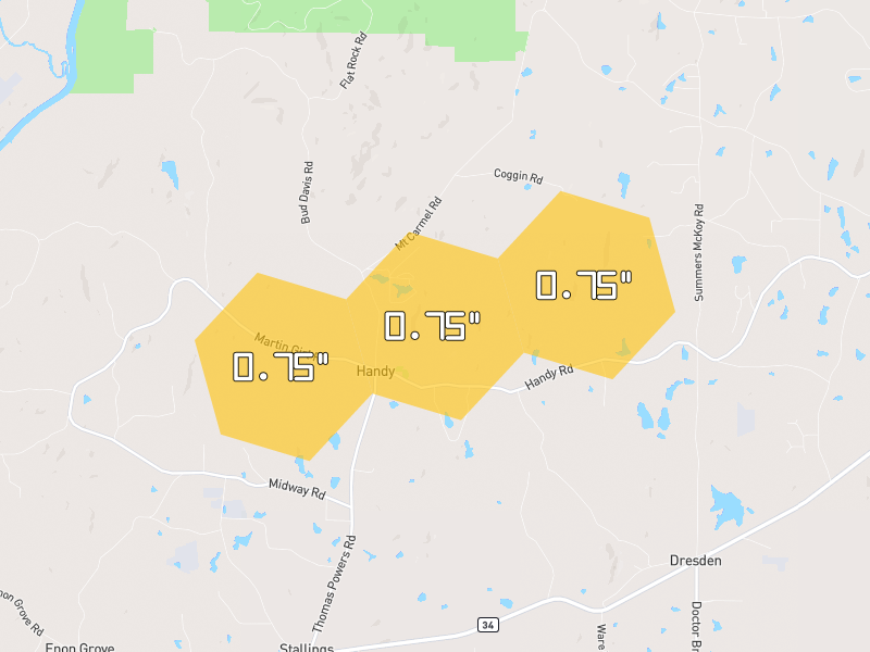 Hail map of Newnan, GA on Jul 1, 2026, hail up to 0.75"