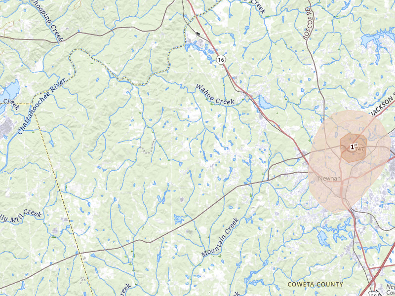 Radar-estimated hail-size map of the storm over Newnan, GA on Jul 3, 2026