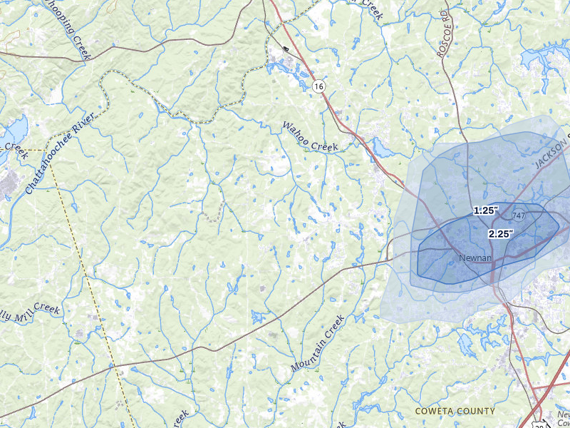 NEXRAD radar-signature map of the hail storm over Newnan, GA on Jul 3, 2026