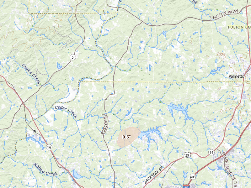 Radar-estimated hail-size map of the storm over Newnan, GA on Aug 5, 2026
