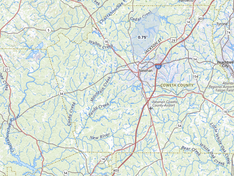 NEXRAD radar-signature map of the hail storm over Newnan, GA on Aug 5, 2026