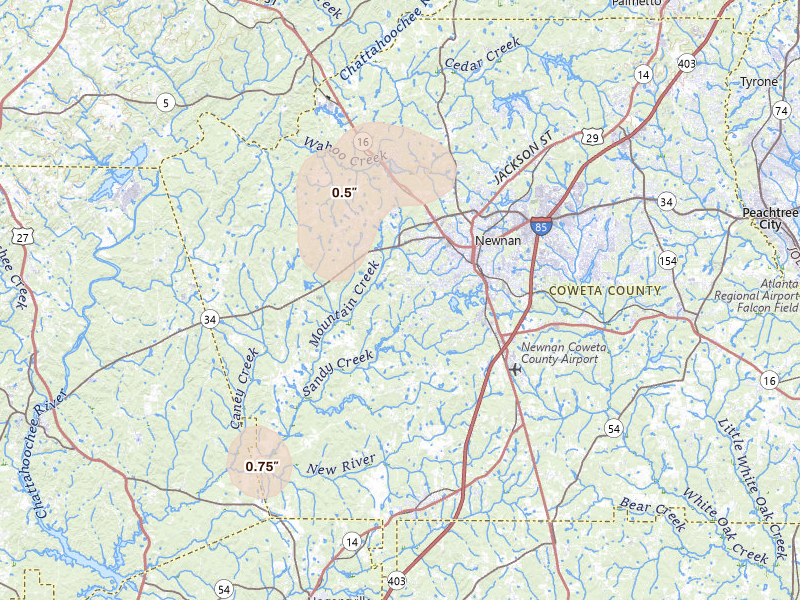 Radar-estimated hail-size map of the storm over Newnan, GA on Aug 6, 2026