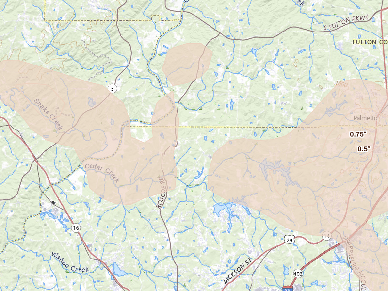Radar-estimated hail-size map of the storm over Newnan, GA on Aug 11, 2026