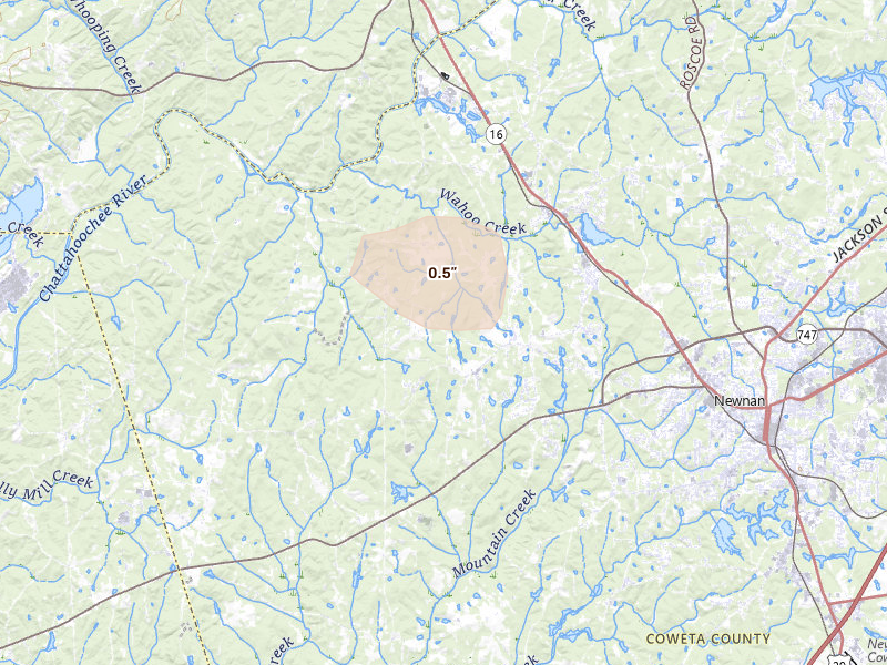 Radar-estimated hail-size map of the storm over Newnan, GA on Aug 21, 2026